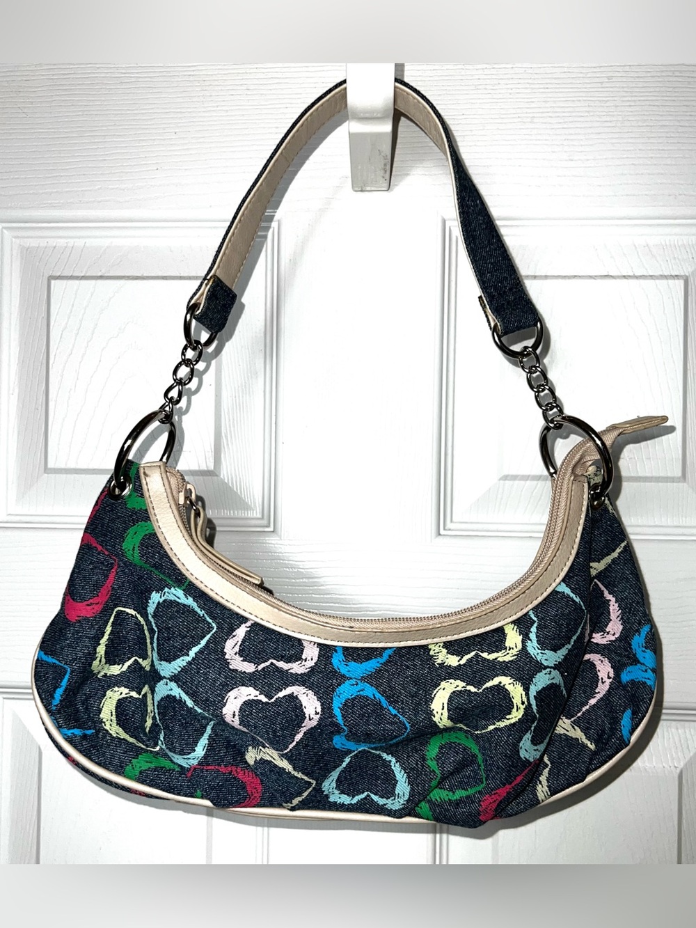 Y2K Purse Handbag Shoulder Bag Denim Purse Hearts Multicolor Small Crescent Bag